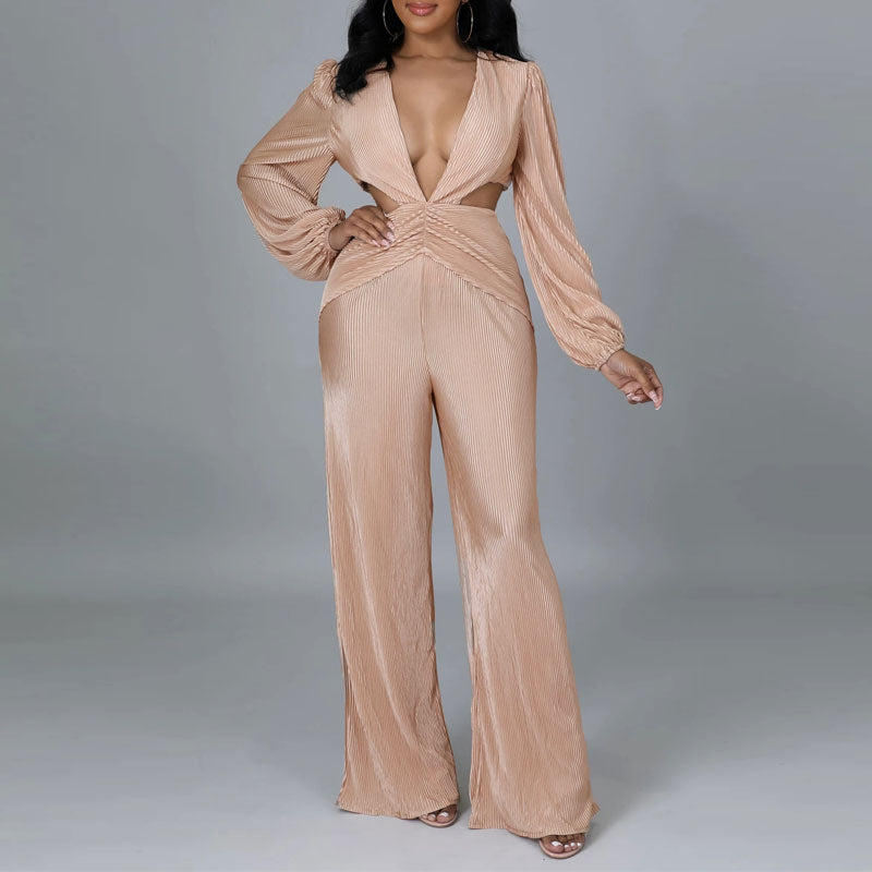 Solid Deep V-Neck Long Sleeve Cut Out Jumpsuit