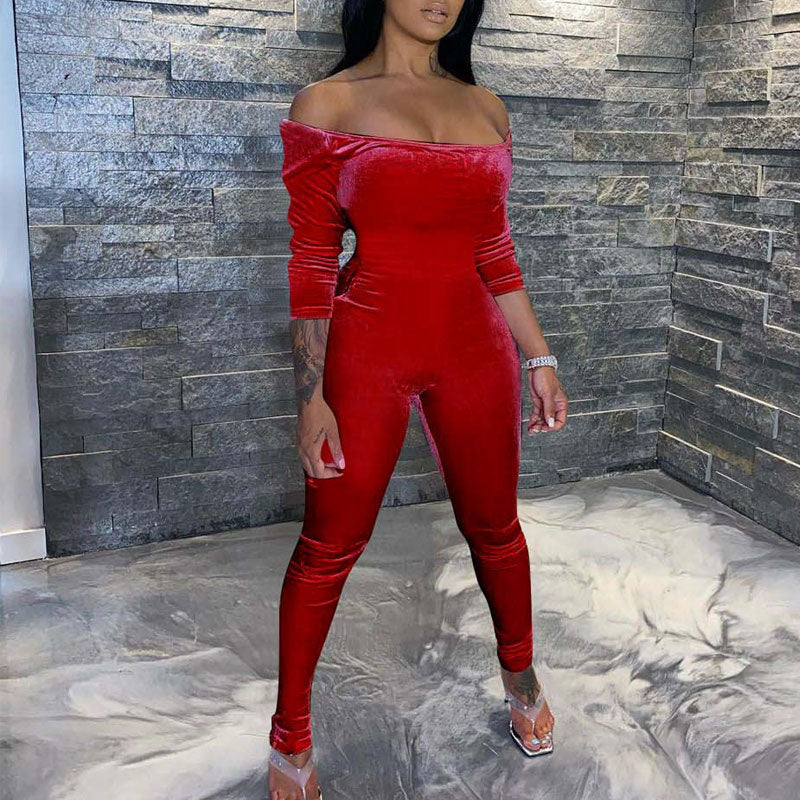 Solid Off Shoulder Long Sleeve Skinny Jumpsuit