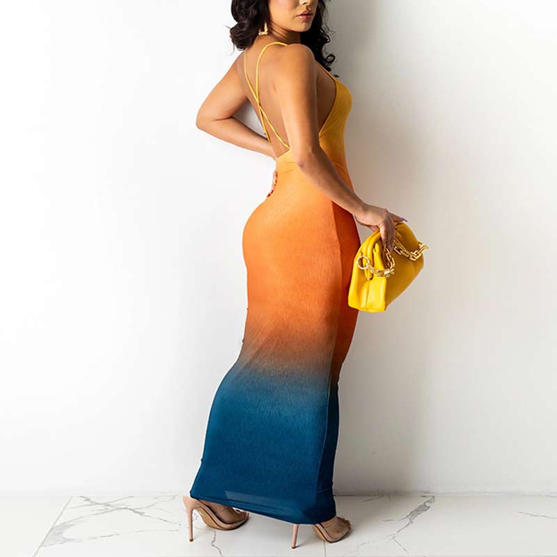 Gradient Color Sleeveless Backless Maxi Dress