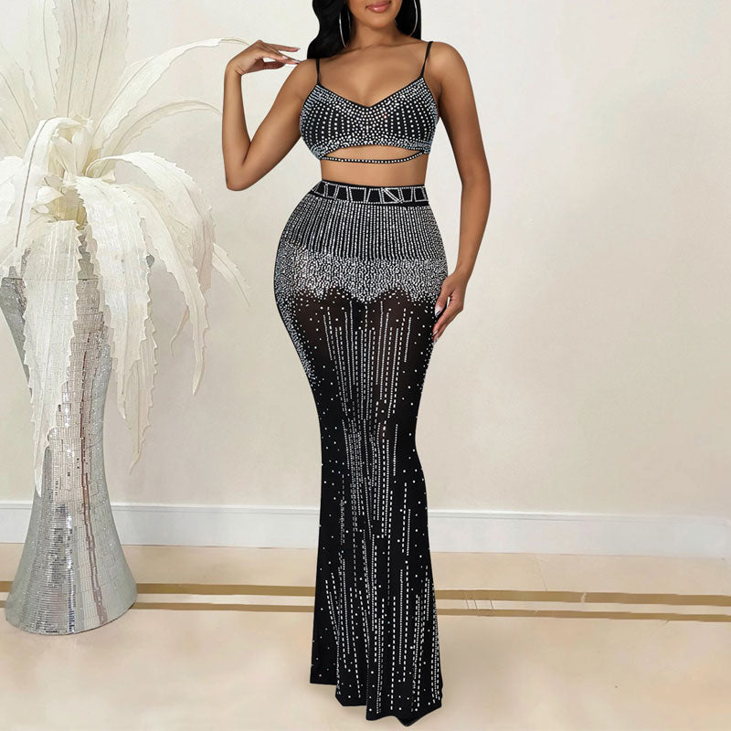 Rhinestone Sleeveless Tube Top & High Waist Skirt Set