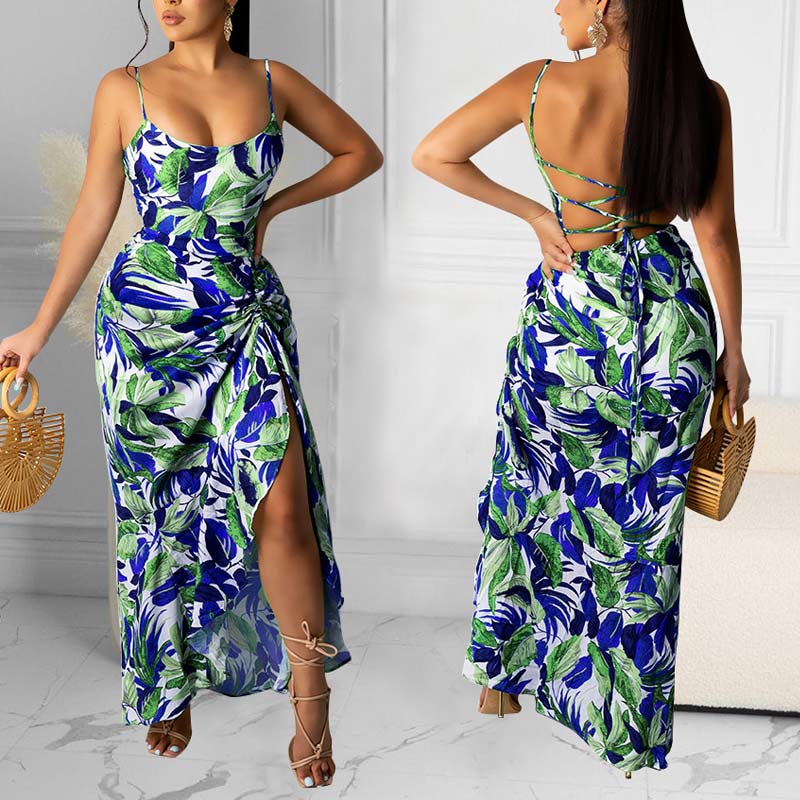 Leaf Pattern Backless Bandage High Slit Irregular Dress