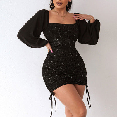 Glitter Square Neck Lantern Sleeve Drawstring Bodycon Dress