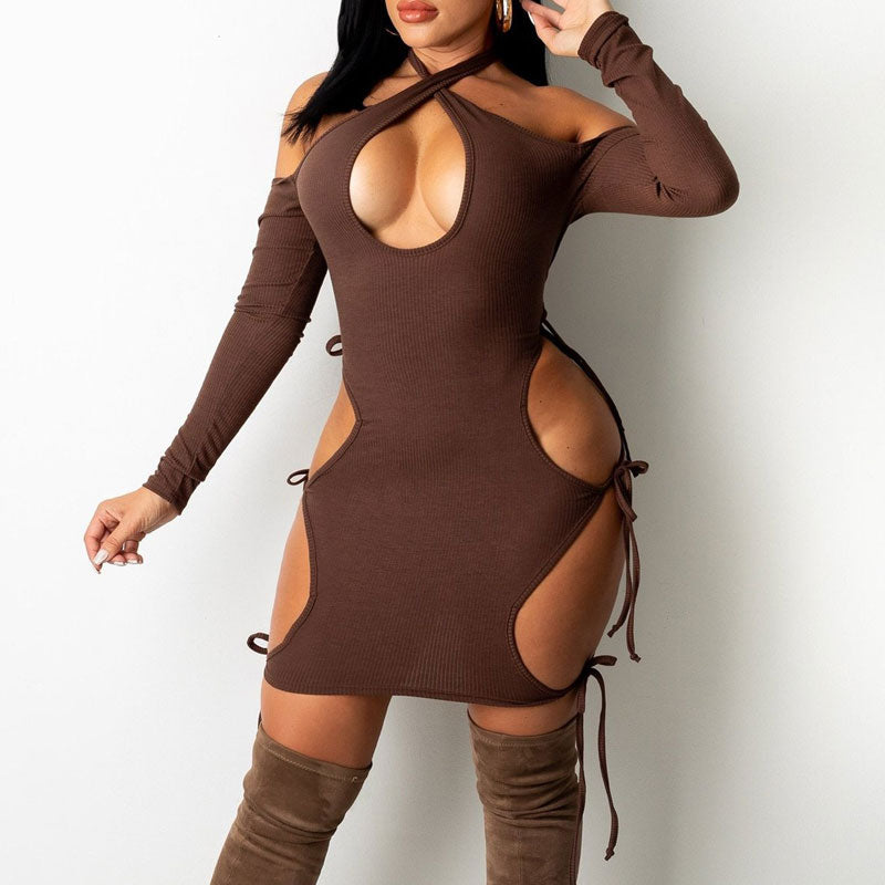 Solid Halter Long Sleeve Cut Out Bodycon Dress