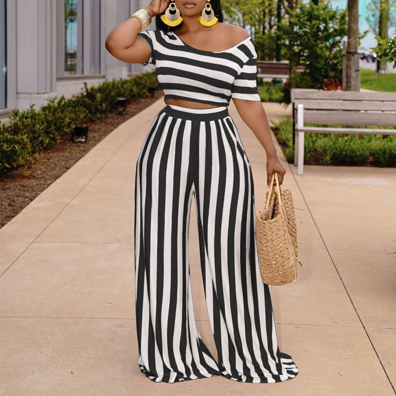 Striped Pattern Off Shoulder Crop Top & Wide Leg Pants Set