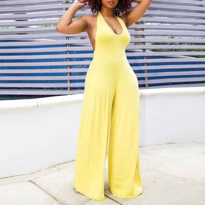 Solid Deep V-Neck Halter Wide Leg Jumpsuit