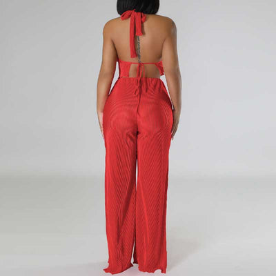 Solid Halter Backless Top & High Slit Pants Set