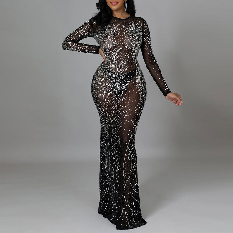 Rhinestone Long Sleeve Sheer Mesh Maxi Dress