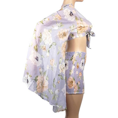 Floral Pattern Deep V-Neck Bats Sleeve Crop Top & Skirt Set