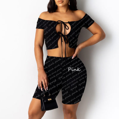 Letter Print Off Shoulder Cut Out Shorts Set