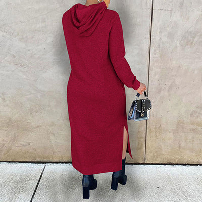 Solid Long Sleeve Slit Hoodie Sweater Dress