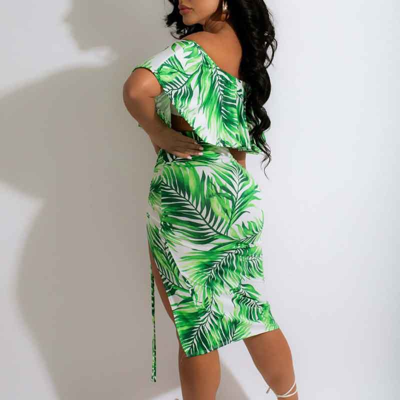 Leaf Print Off Shoulder Tube Top & Slit Skirt Set