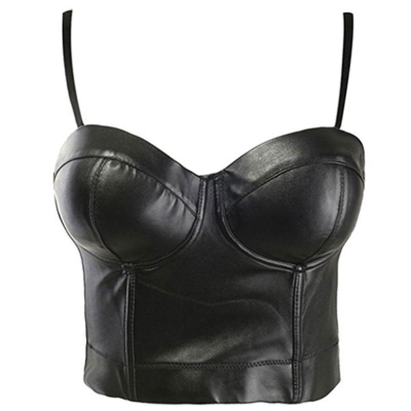 Solid Spaghetti Strap PU Leather Elastic Bralette