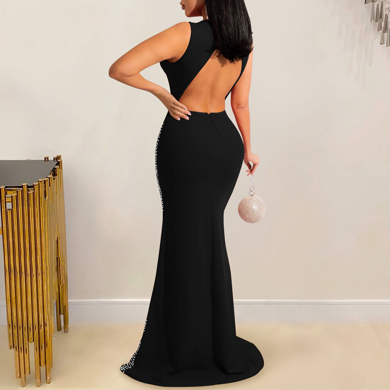 Rhinestone Sleeveless Sheer Mesh Patchwrok Maxi Dress