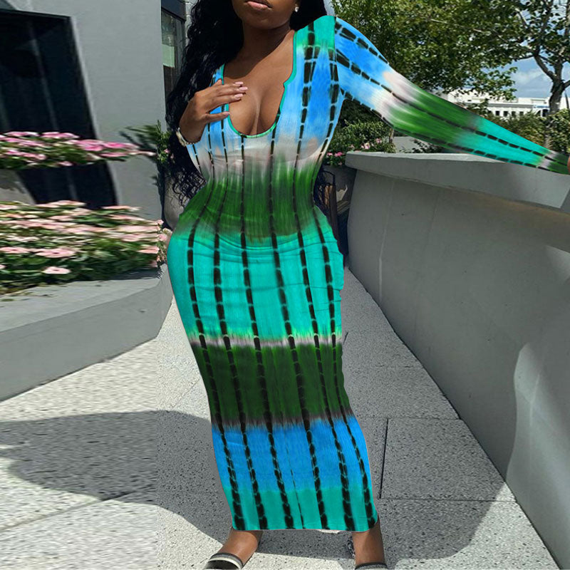 Tie Dye Print Deep V-Neck Maxi Dress