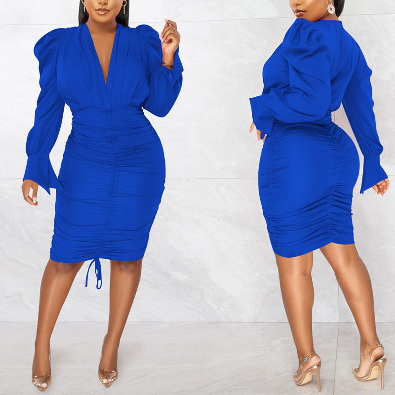 Solid V-Neck Puff Sleeve Ruched Bodycon Dress