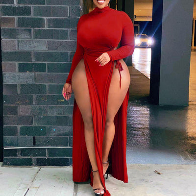 Solid Long Sleeve Drawstring  High Slit Dress