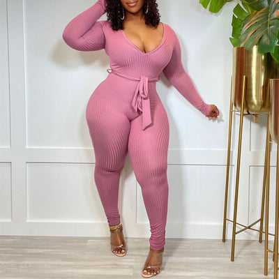 Solid Deep V-Neck Long Sleeve Belted Jumpsuit