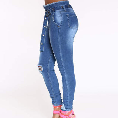 Solid Ripped Skinny Denim Pants With Belt