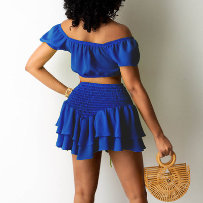 Solid Off Shoulder Crop Top & Ruffle Skirts Set