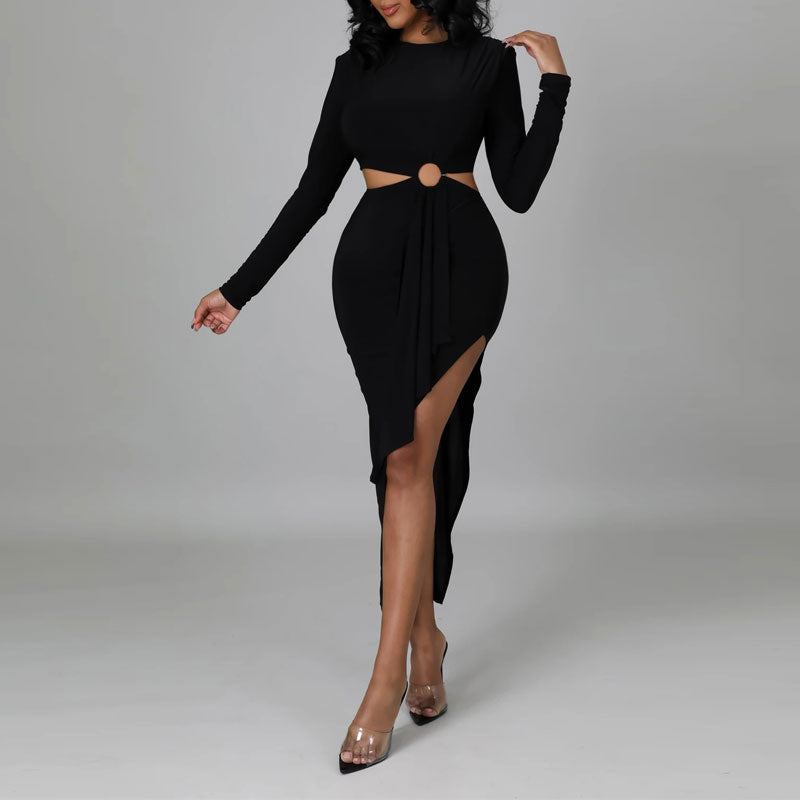 Solid Long Sleeve Cut Out Irregular Dress