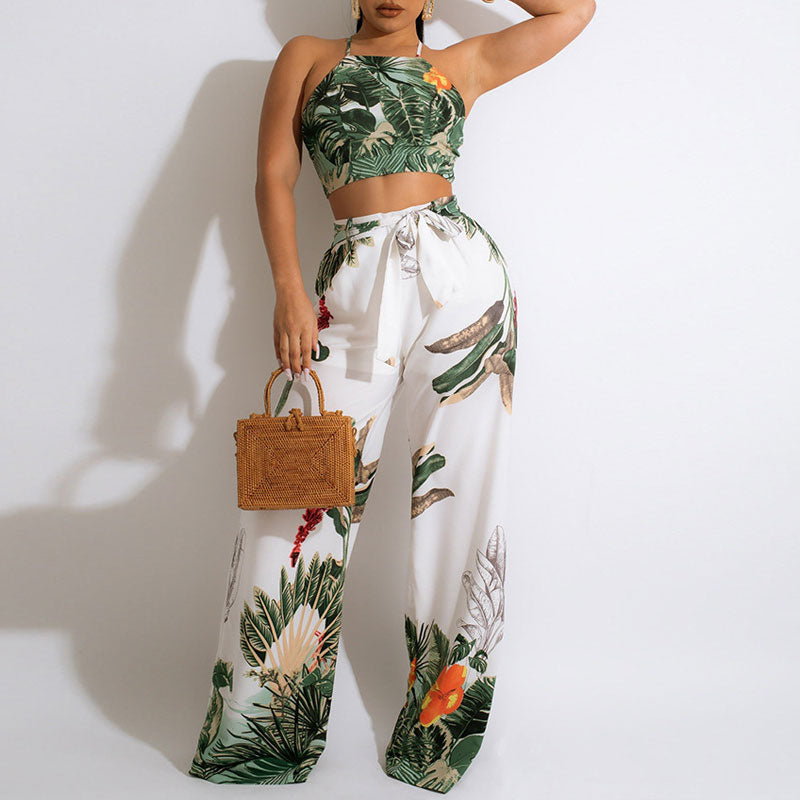 Leaf Print Sleeveless Crop Top & Loose Pants Set