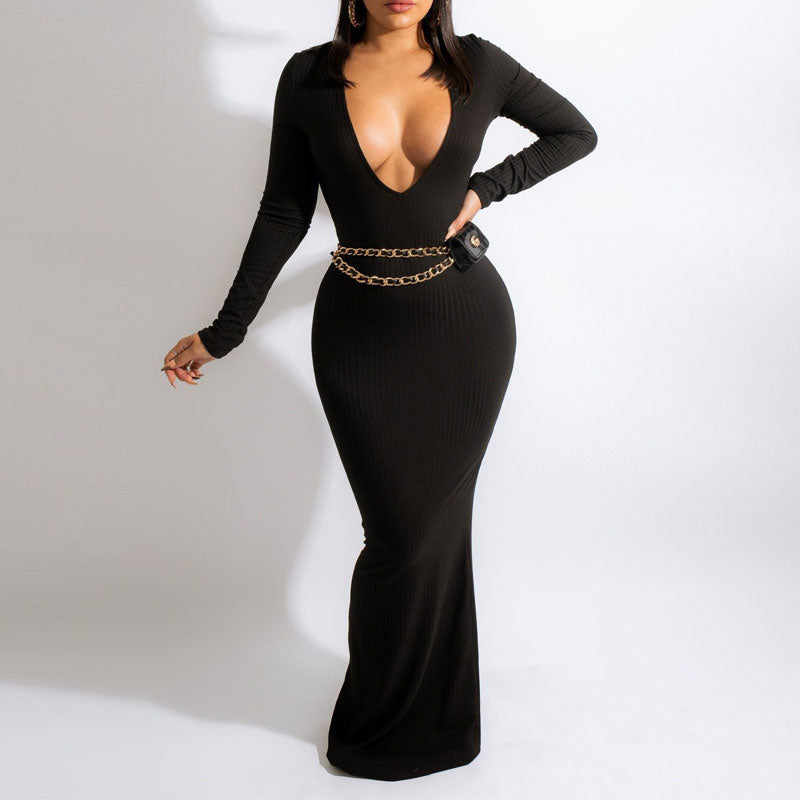 Solid Deep V-Neck Long Sleeve Ribbed Maxi Dress