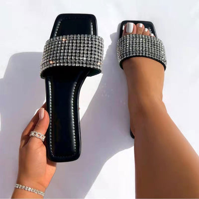 Rhinestone Square Toe Flat Sandals