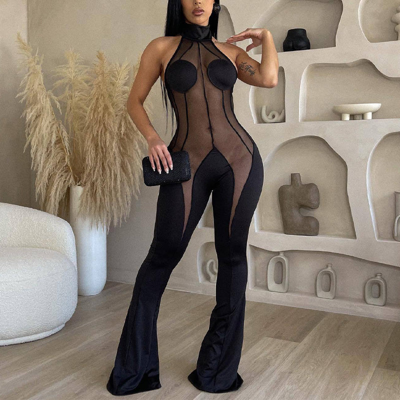 Solid Halter Sheer Mesh Patchwork Jumpsuit