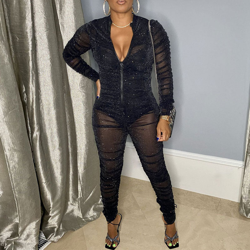 Glitter Long Sleeve Sheer Mesh Jumpsuit