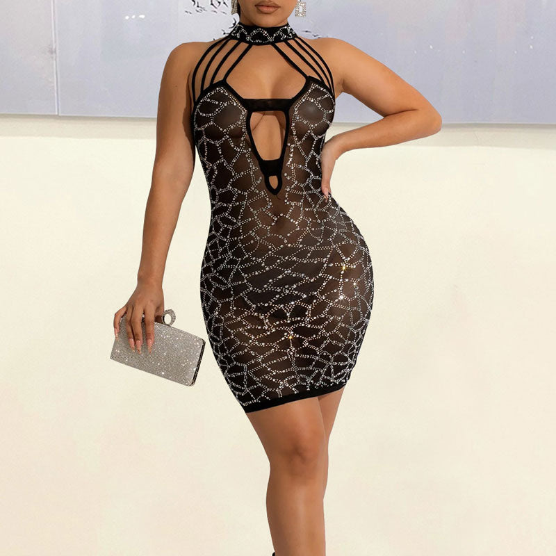 Rhinestone Sleeveless Cut Out Sheer Mesh Bodycon Dress