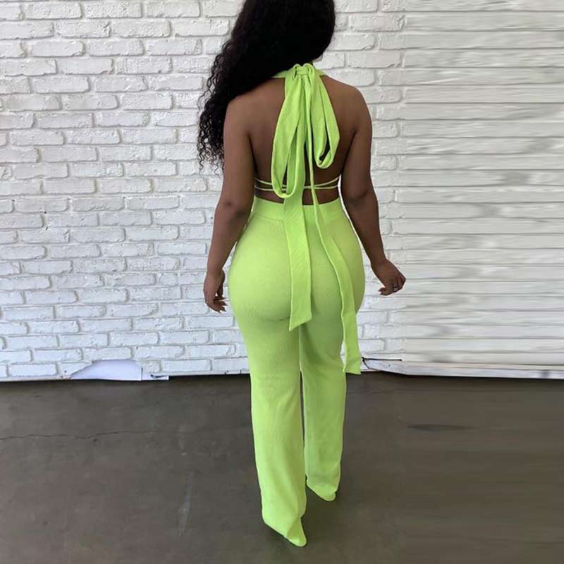 Solid Sleeveless Halter Bandage Two Piece Pants Set