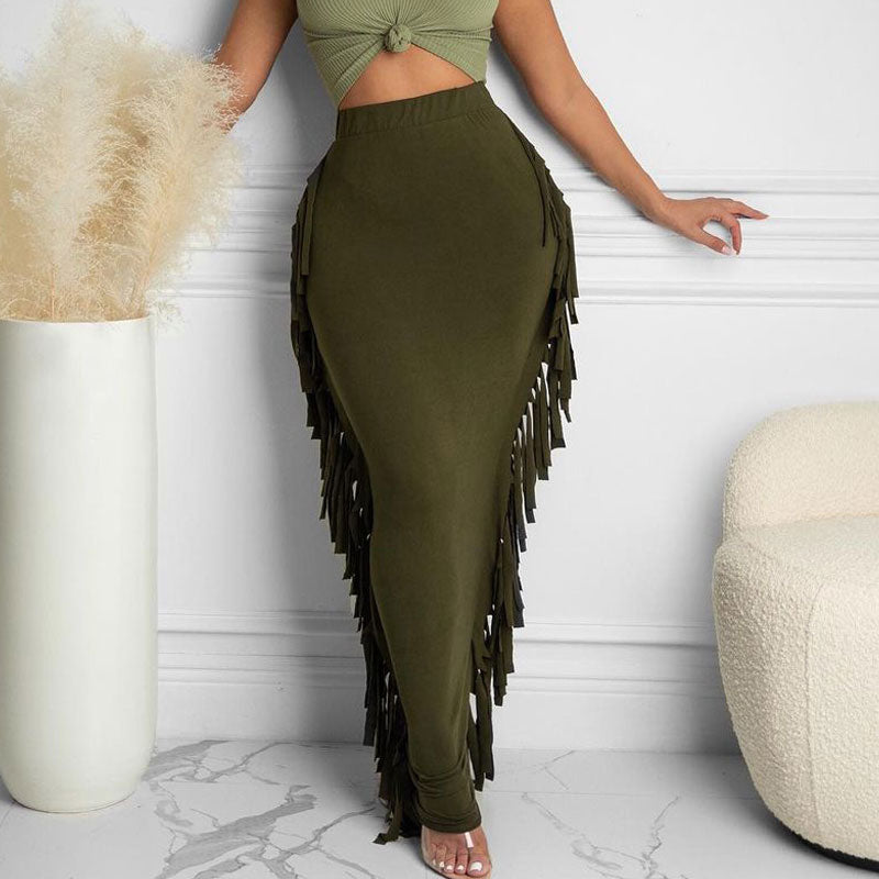 Solid High Waist Tassel Design Skirt