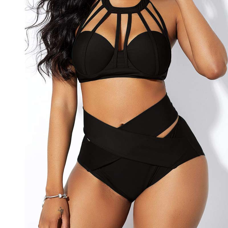 Solid Sleeveless Cut Out Two Piece Swimsuit Set