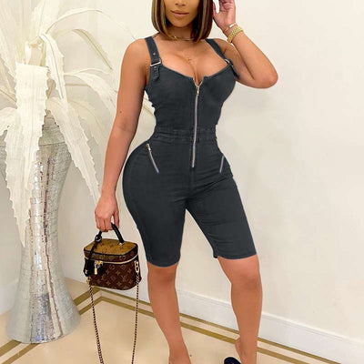 Solid Sleevelss Zipper Design Suspender Romper