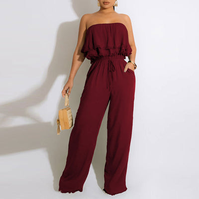 Solid Off Shoulder Ruffles Belted Jumpsuit