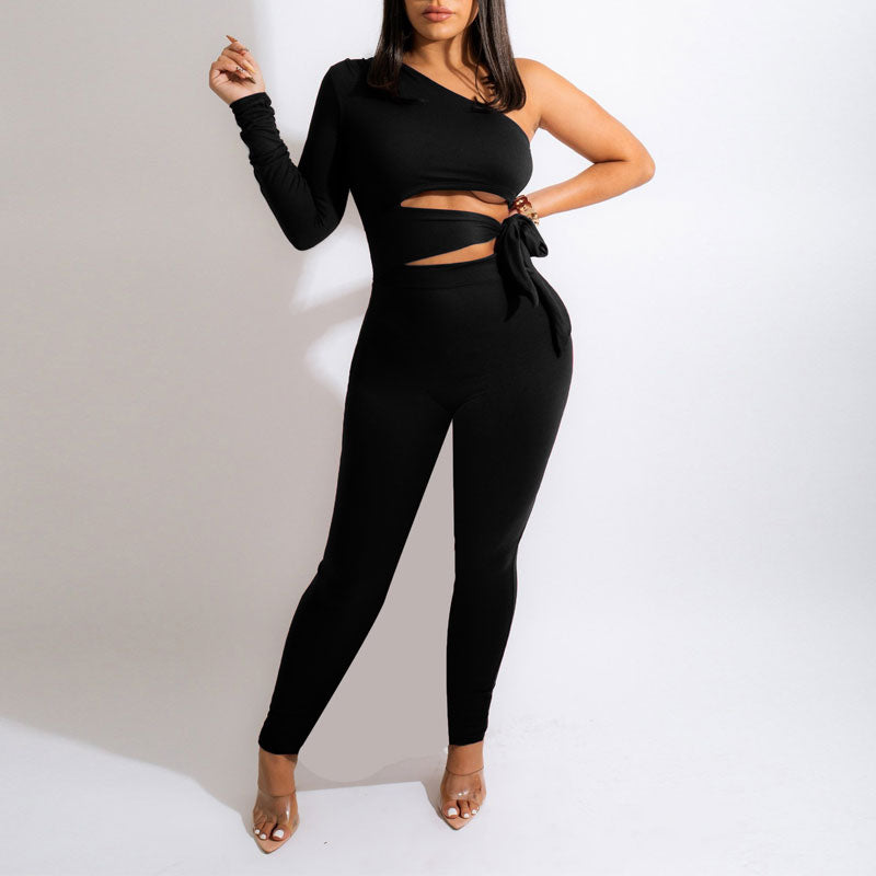 Solid One Sleeve Cut Out Bandage Top & Pants Set