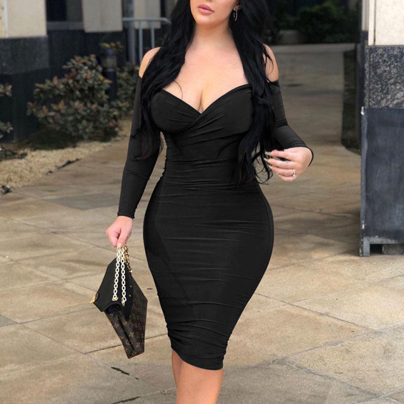 Solid Off Shoulder Long Sleeve Bodycon Dress