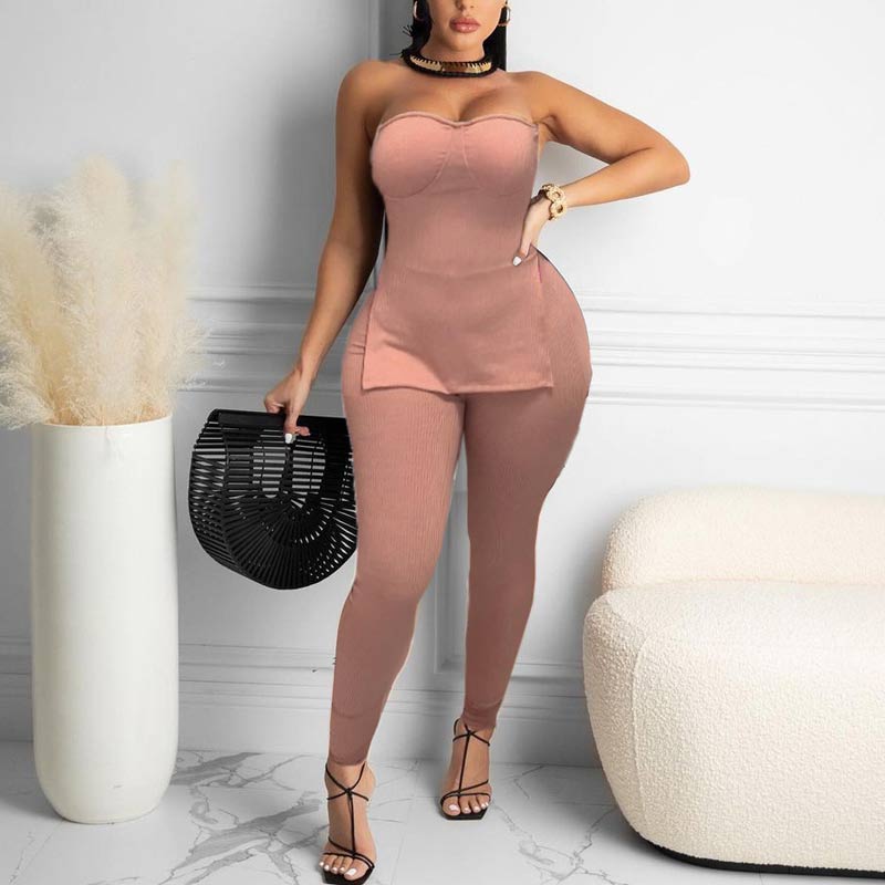 Solid Off Shoulder Slit Top & Pants Set