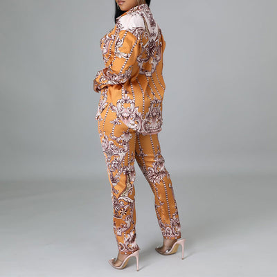 Print Long Sleeve Knotted Blouse & Pants Set