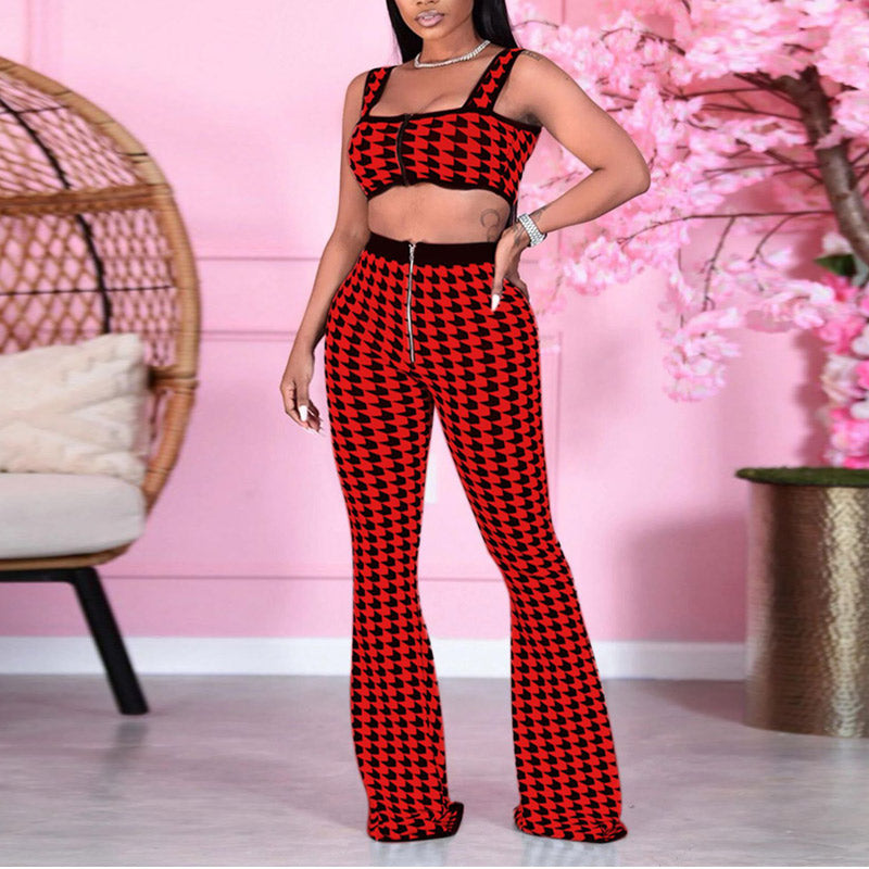 Houndstooth Zipper Design Sling Sleeveless Top & Flared Pants Set