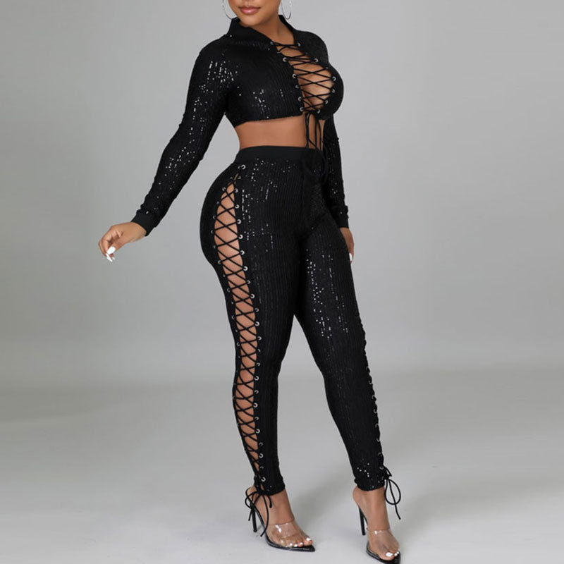 Sequins Long Sleeve Bandage Crop Top & Lace Up Pants Set