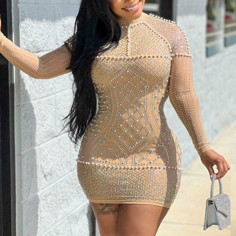 Rhinestone Beaded Long Sleeve Mesh Bodycon Dress