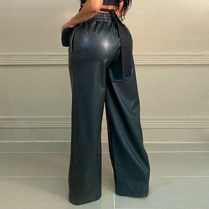 Solid High Waist PU Leather Wide Leg Pants