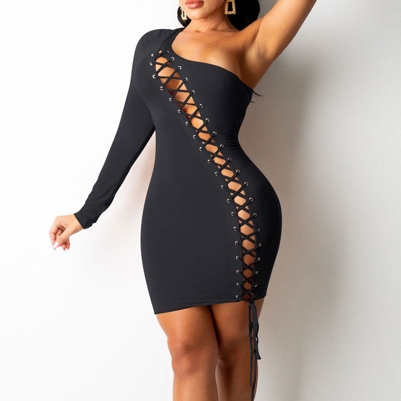 Solid One Shoulder Long Sleeve Eyelet Lace Up Bodycon Dress