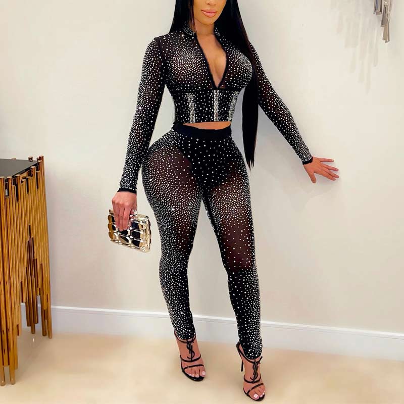 Rhinestone Deep V-Neck Long Sleeve Two Piece Pants Set