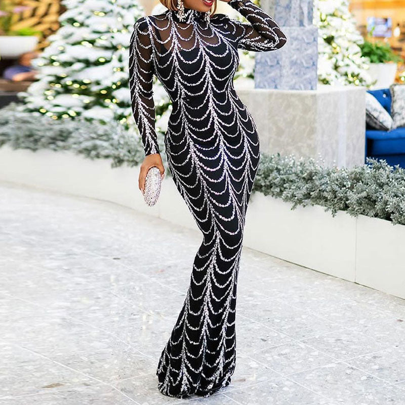 Sequins Long Sleeve Sheer Mesh Floor-Length Evening Dress