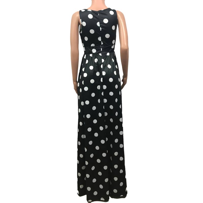 Polkadot Print Deep V-Neck High Slit Maxi Dress