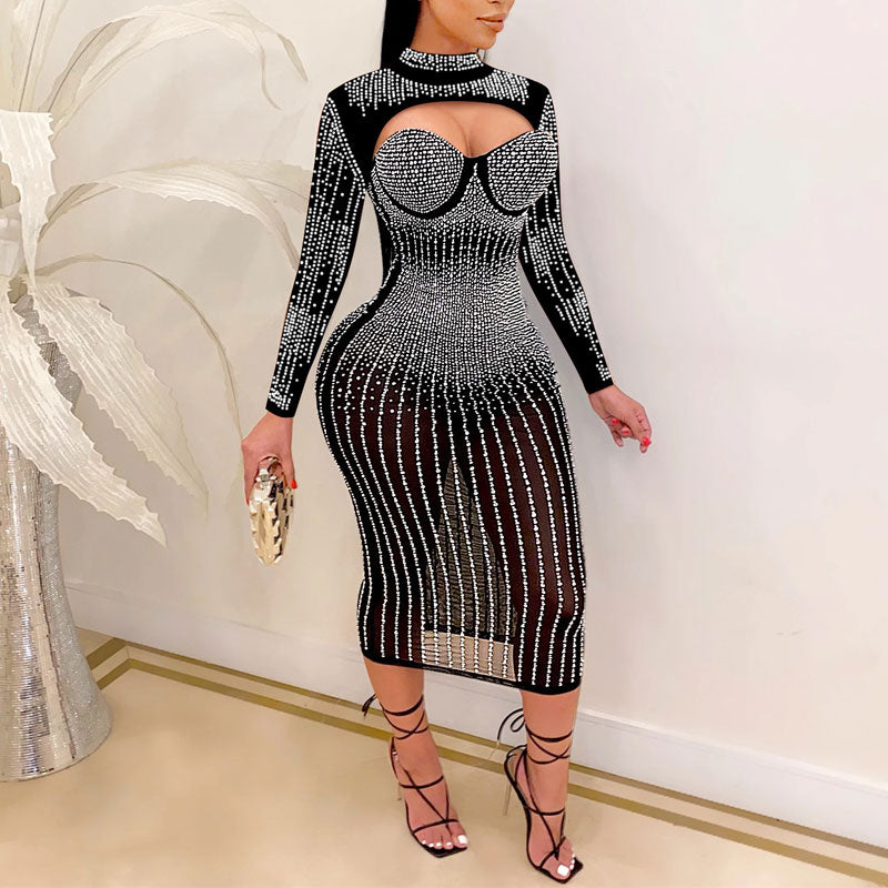 Rhinestone Long Sleeve Cut Out Sheer Mesh Midi Dress