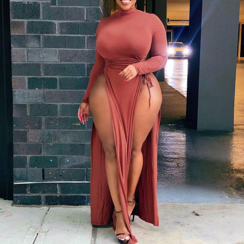 Solid Long Sleeve Drawstring  High Slit Dress