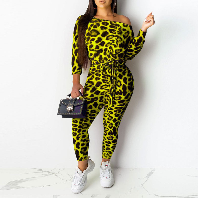 Leopard Print One Shoulder Belted Jumpsuit